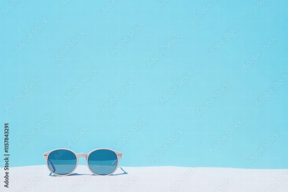 Aufkleber Stylish sunglasses resting on a white surface against a vibrant blue background for mock up text placement. Generative AI