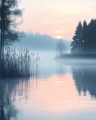 Fototapeta premium Lakeside enveloped in morning fog with pastel sunrise reflections and silhouettes.