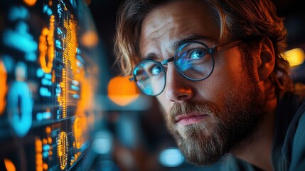 Cybersecurity expert analyzing data on a dark-themed interface in a tech setup