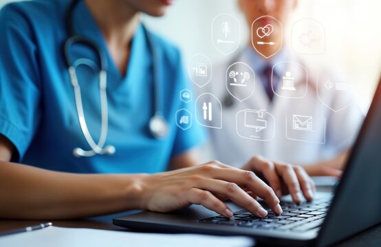 Medical pro uses laptop for document management system in hospital. Cardiologist specialist manages patient records digitally. Tech innovation for healthcare improves treatment processes in clinic.