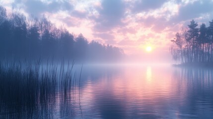 Fototapeta premium Lakeside enveloped in morning fog with pastel sunrise reflections and silhouettes.