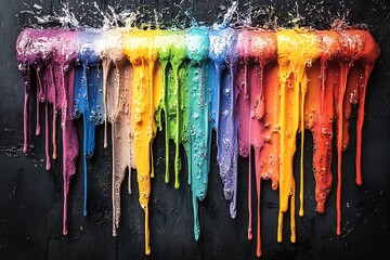 Rainbow Paint Dripping Down A Dark Surface