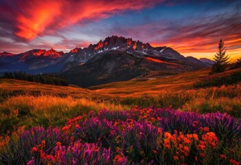 Obraz premium vibrant sunset over expansive rolling mountains rich colors majestic skies, landscape, sky, clouds, scenery, horizon, nature, evening, dusk, silhouette