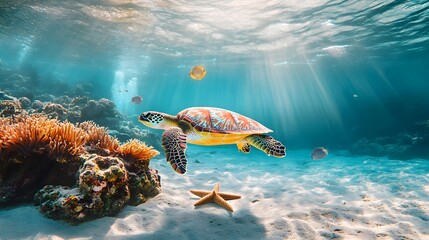 Obraz premium Colorful coral reef features vibrant fish and a turtle swimming among the sea life in clear blue waters
