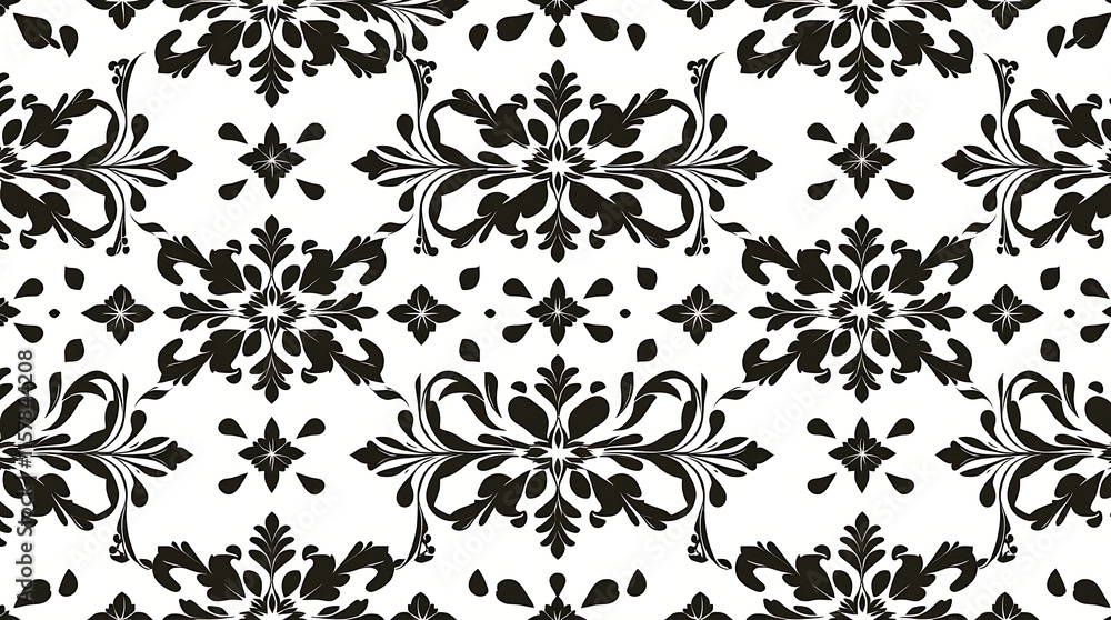 Poster black and white damask pattern: a classic and elegant damask pattern in black and white, featuring i