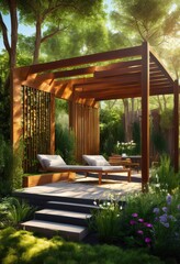 Fototapeta premium showcase creative modern outdoor structures nestled among lush vibrant greenery creating harmonious natural environment, architecture, landscape, design