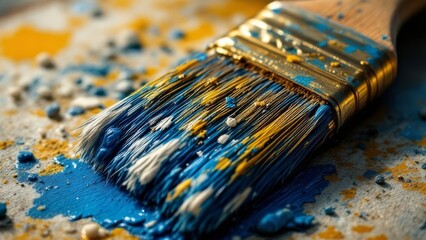 Fototapeta premium Extreme close up of a paintbrush with blue and yellow paint on a textured surface under studio light