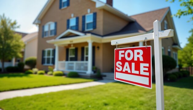 Brick house for sale on sunny day. Real estate sign in front yard. Suburban home with lawn, landscaping. Exterior shot of two-story house. Opportunity for new family investment. Ready for ownership.