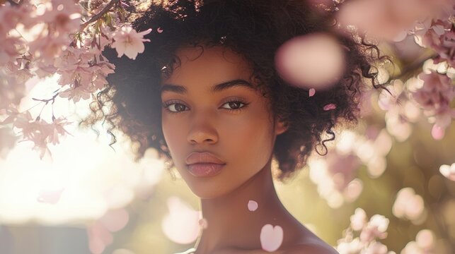 Dreamy Spring Portrait of Woman with Curls and Cherry Blossoms in Sunlit Garden