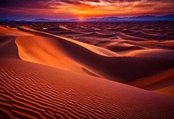 Naklejka premium vibrant desert dunes illuminated majestic sunset skies rich orange purple tones creating stunning natural landscape, sky, horizon, nature, texture, light