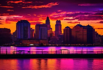 Fototapeta premium vibrant dynamic city skylines showcasing silhouetted buildings colorful sky rich hues purple, sunset, urban, architecture, horizon, colors, gradient