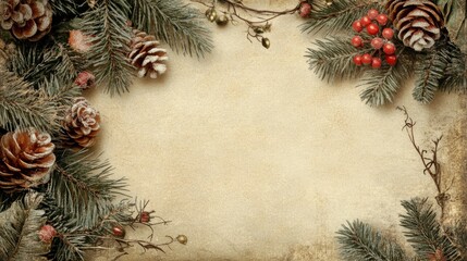 Vintage Christmas postcard with muted colors and festive elements for holiday cheer