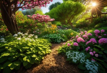 Obraz premium vibrant outdoor garden featuring diverse plant life colorful flora lush natural environment, landscape, greenery, flower, bloom, blossom, petal, foliage