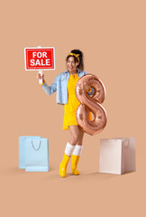 Fashionable African-American woman with balloon in shape of figure 8, sign FOR SALE and shopping bags on beige background. International Women's Day celebration