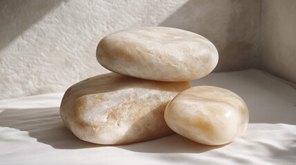 white rocks sitting on top of white fabric.