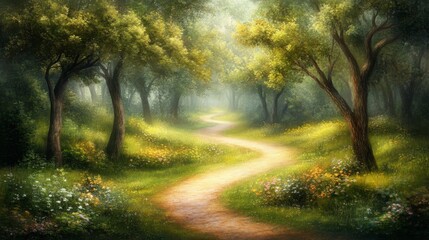 Obraz premium Winding Path Through Lush Forest with Soft Light