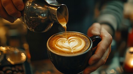 A barista pouring steamed milk into a cup of coffee with latte art.