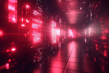 Red digital corridor glowing with data streams