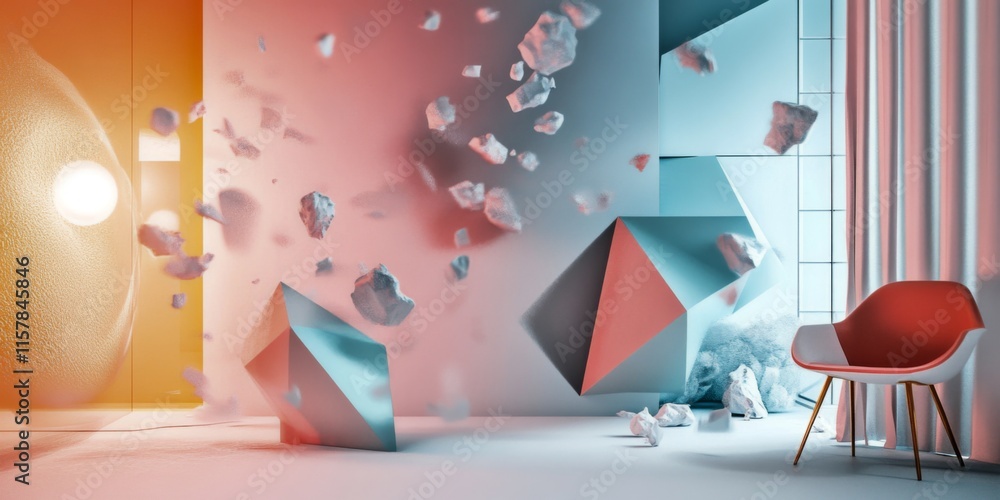 Poster a modern interior featuring abstract shapes and vibrant colors. the image depicts dynamic movement w