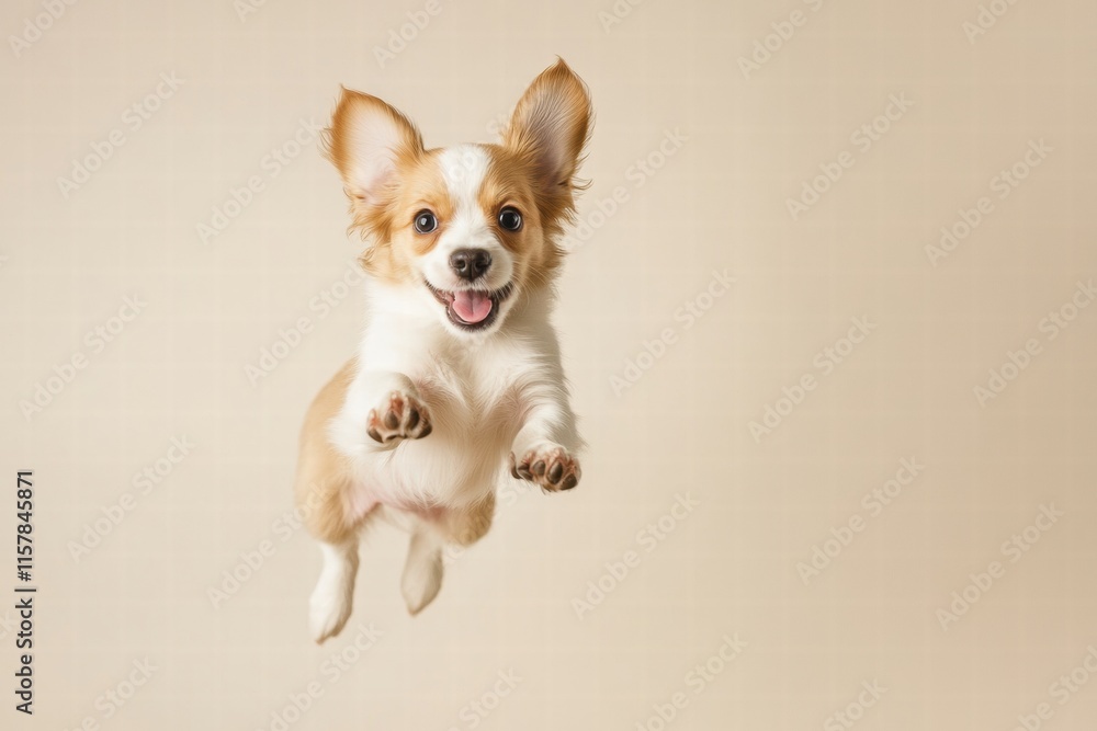 Aufkleber Joyful puppy leaps in mid air, capturing playful energy and excitement with ample space for creative text placement. Generative AI