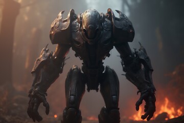 Futuristic Robot Warrior in a Dark Forest Environment