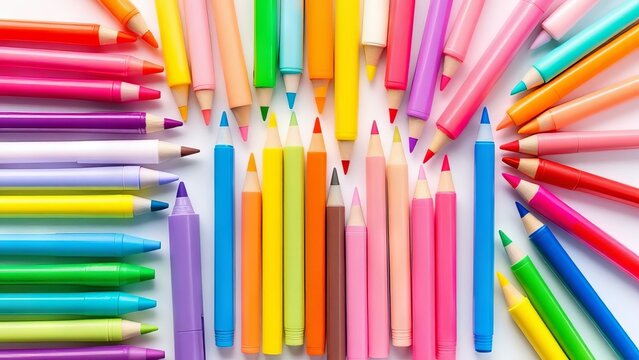 Flat lay of various colorful pencils and markers arranged on a white surface under bright, even lighting.