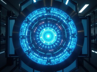 Futuristic technology with glowing blue patterns and intricate designs in a modern laboratory setting