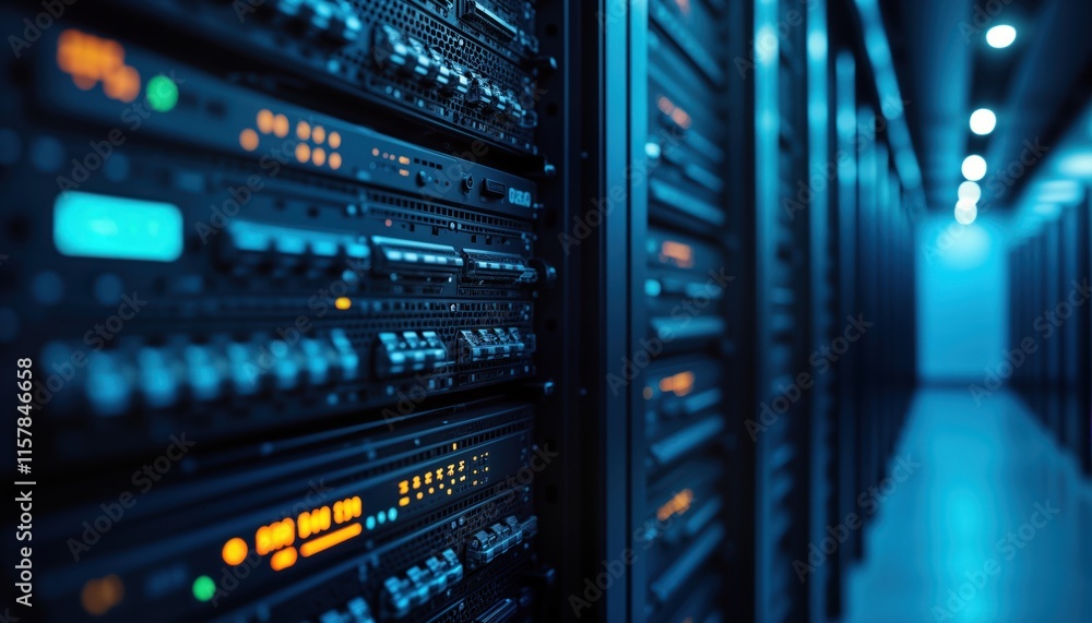 Poster server room filled with computer racks. rows of dark server equipment. modern tech infrastructure. p
