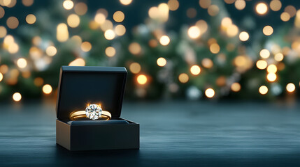 close up of diamond engagement ring black box, sparkling beautifully. background features soft bokeh lights, creating romantic