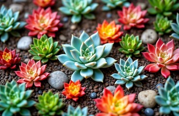 Obraz premium Colorful miniature succulents planted in garden. Variety of vibrant colors including reds oranges pinks greens, blues. Succulents on brown gravel. Miniature rocks add to garden scene. Plants look