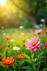 Obraz premium Vibrant wildflowers bloom in a sunlit meadow, fresh spring growth , pastoral, nature, green