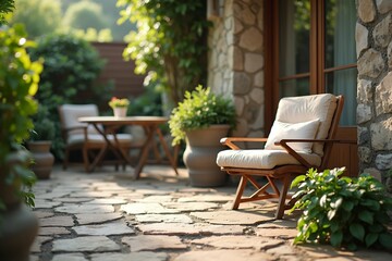 Obraz premium Serene Outdoor Patio with Comfortable Chairs and Potted Plants