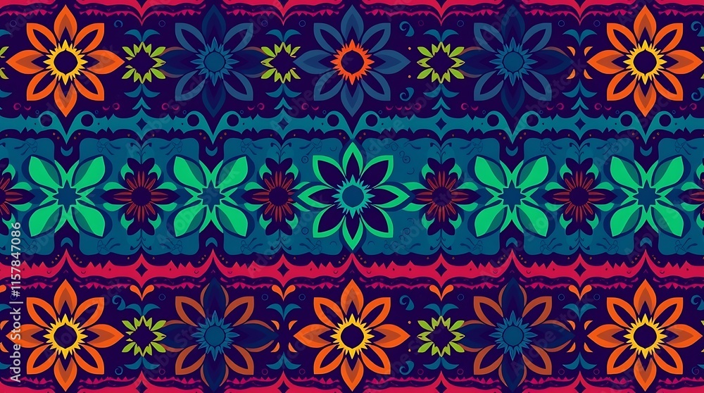 Poster vibrant floral pattern: a captivating pattern of colorful flowers blooms on a deep blue background. 