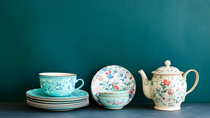 Fototapeta premium set of retro dessert plates, bowls, and teapot arranged beautifully