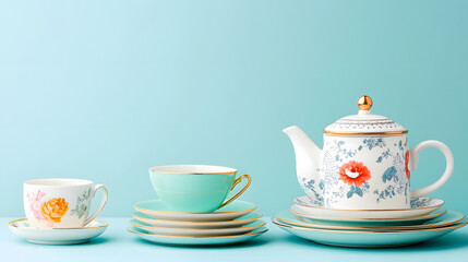 Fototapeta premium set of elegant tea and dessert plates with floral designs, showcasing vintage style