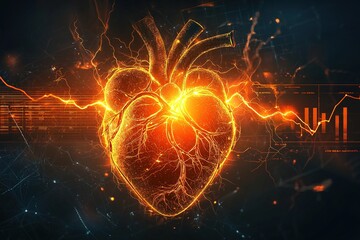 Glowing Fiery Heart With Pulse Line and Dynamic Energy Illustration