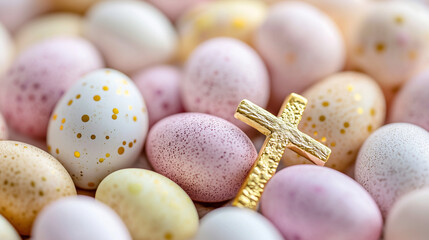 Golden Cross on Pastel Easter Eggs Symbolizing Faith and Rebirth