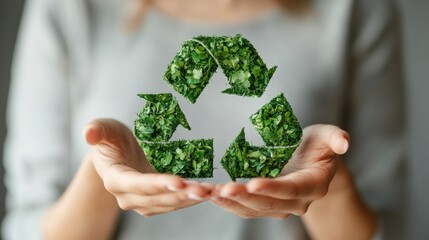 Gros plan des mains d'un homme tenant un symbole de recyclage vert et texturé fabriqué à partir de matières végétales, représentant un concept écologique et respectueux de l'environnement.