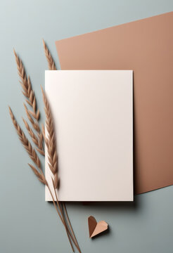 Ein modernes Mockup mit beigem Papier, braunem Umschlag und Trockenblumen auf einem blauen Hintergrund. Perfekt f&uuml;r Einladungen oder stilvolle Designs. Generative KI.