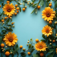Fototapeta premium A vibrant floral arrangement with yellow flowers and greenery on a blue background.