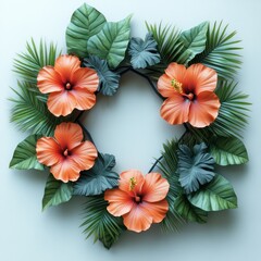 A vibrant floral wreath featuring orange hibiscus flowers and lush green leaves.