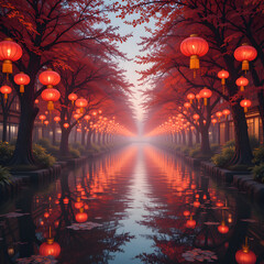 Chinese New Year celebrations with red lanterns hanging from trees and reflecting in the calm water 