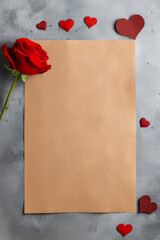 Ein romantisches Arrangement mit roten Rosen, Herzen und leerer Karte auf grauem Hintergrund, ideal für Valentinsbotschaften oder Liebeserklärungen. Generative KI.