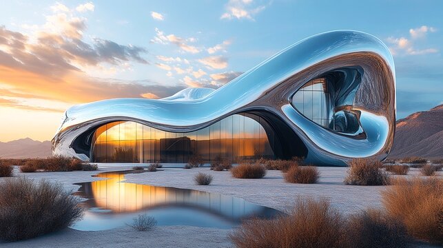 A futuristic building designed with a unique blend of organic and metallic elements, featuring curved lines and reflective surfaces, set against a backdrop of a desert landscape with dry bushes.