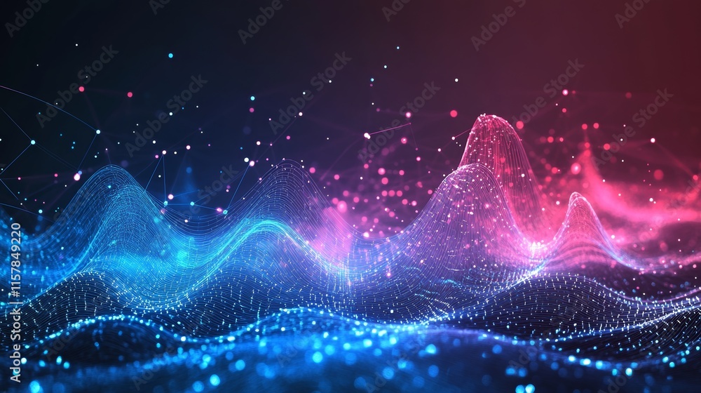Poster futuristic tech background with glowing particles and wavy lines. perfect for ai, technology, and di