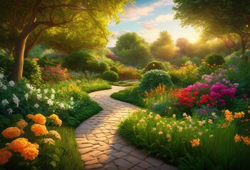 Obraz premium stunning collection inviting lush outdoor green spaces captured breathtaking, garden, landscape, greenery, plants, flowers, scenery, foliage, trees