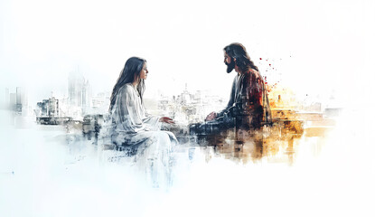 Abstract watercolor of Jesus and the woman at the well