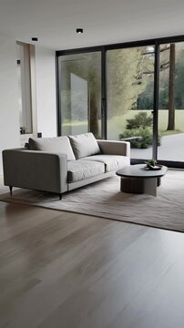 Salon moderne minimaliste avec canap&eacute; gris et grande baie vitr&eacute;e