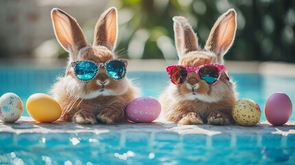 Two brown bunnies with sunglasses and Easter eggs by a pool.