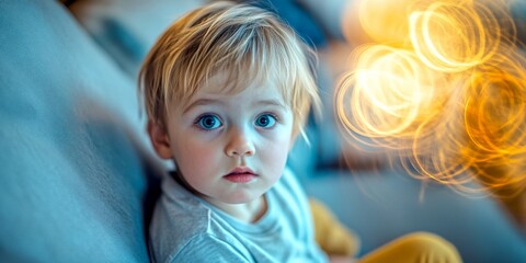 A curious toddler with bright blue eyes gazes at the world. The soft lighting gives a magical feeling. This image captures the innocence of childhood and wonder. AI